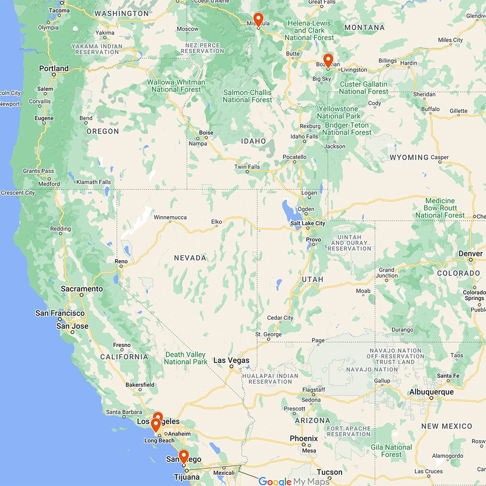 map of Auto Concierge locations in California and Montana